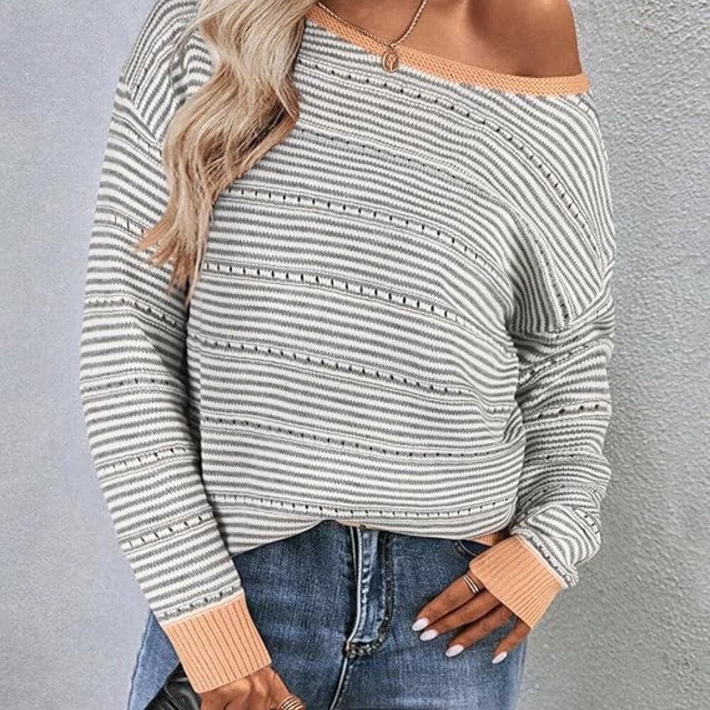 Womens Sweater Long Sleeve Off The Shoulder Pullover Tops Hollow Out Crochet